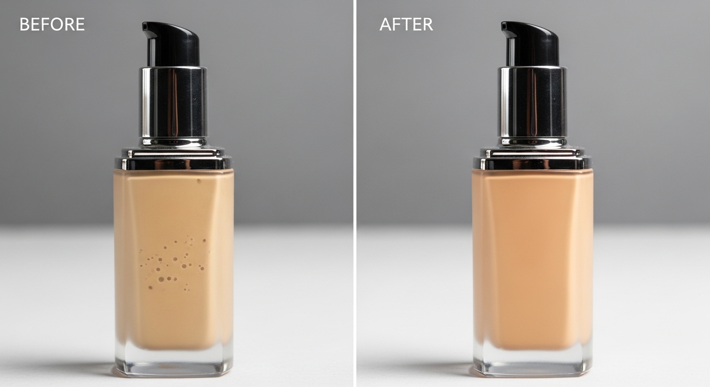 Before and after beauty retouching showing natural skin texture and enhanced eyes