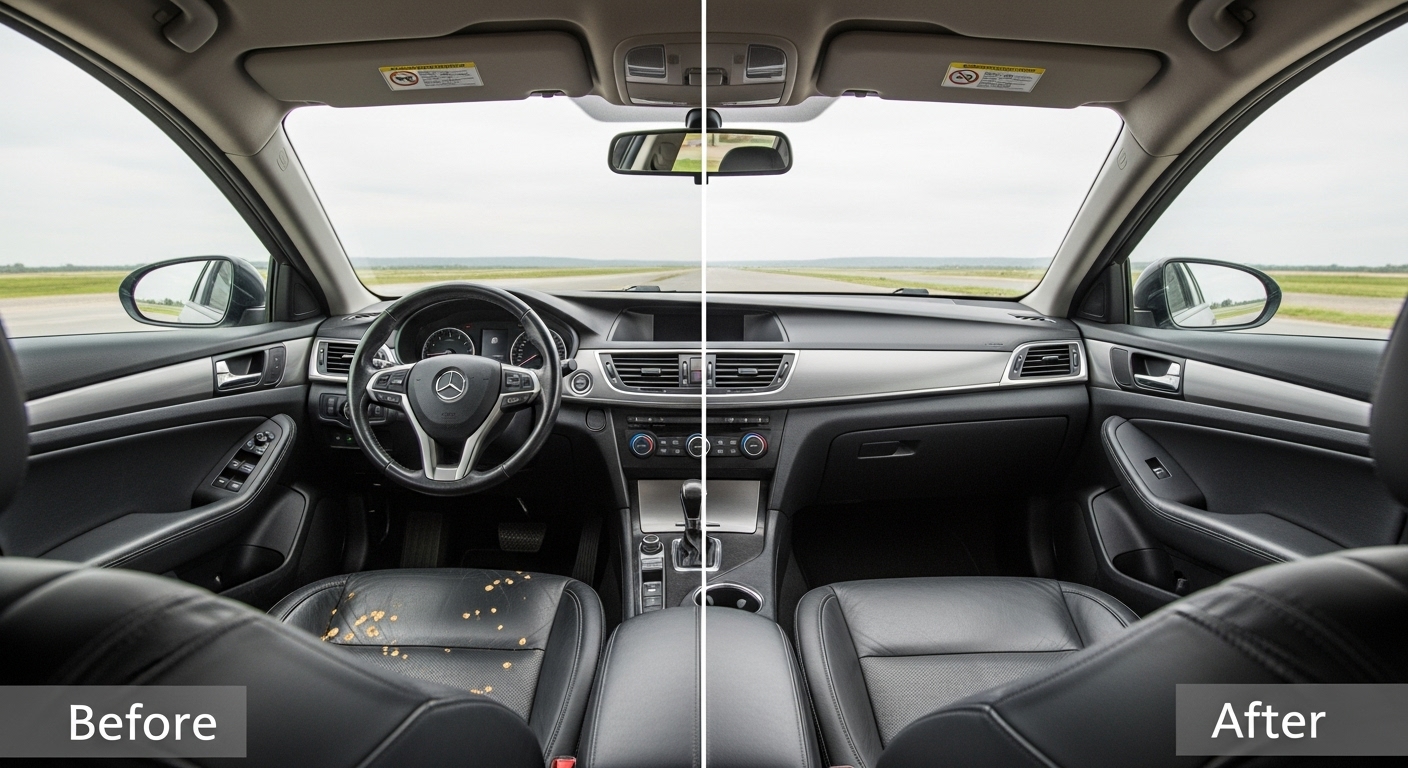 Split image showing a car interior before and after professional retouching, demonstrating light and perspective correction.