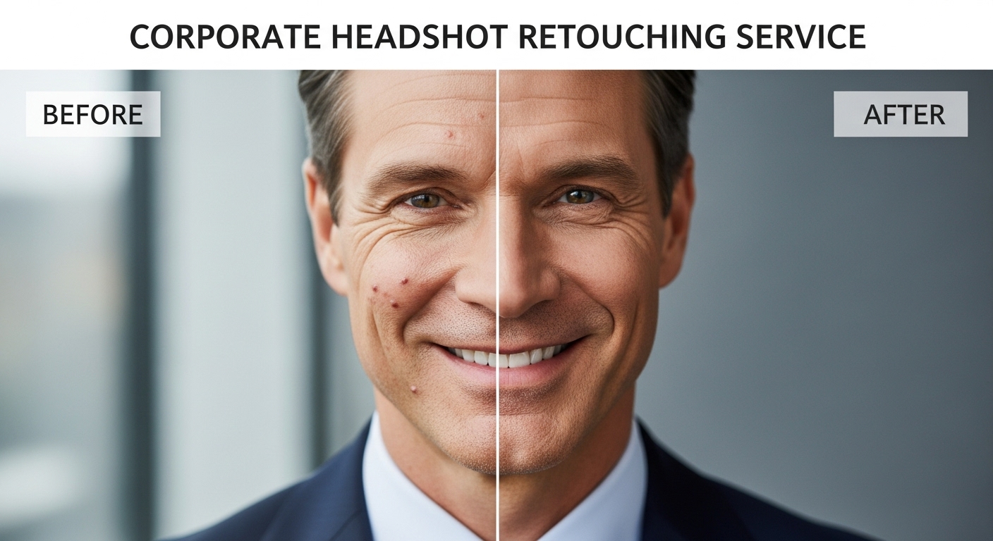 Before/After comparison of a corporate portrait showing natural, flawless skin texture and detail correction.