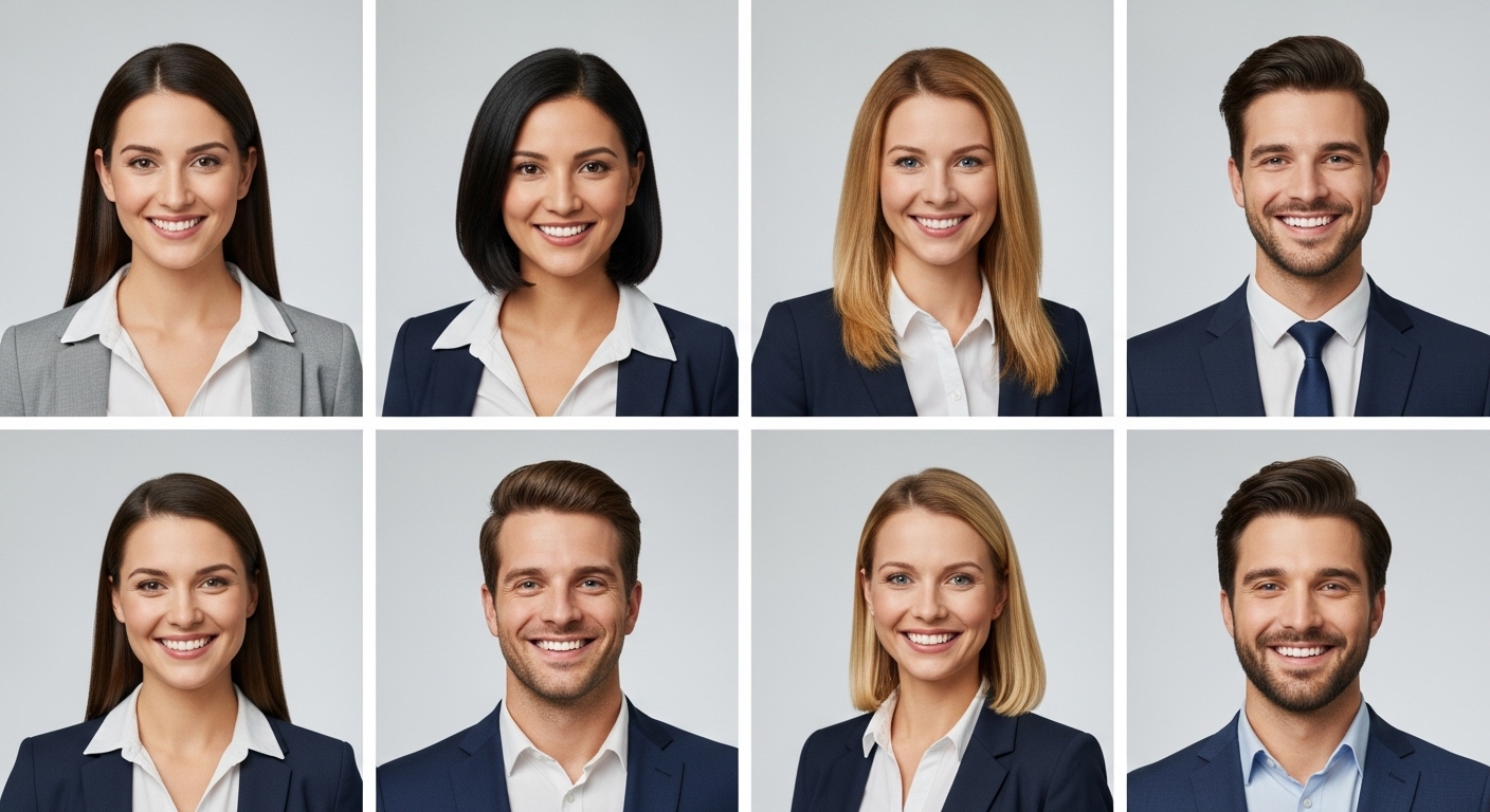 Grid of diverse team headshots showing perfect consistency in background, color, and cropping for corporate branding.