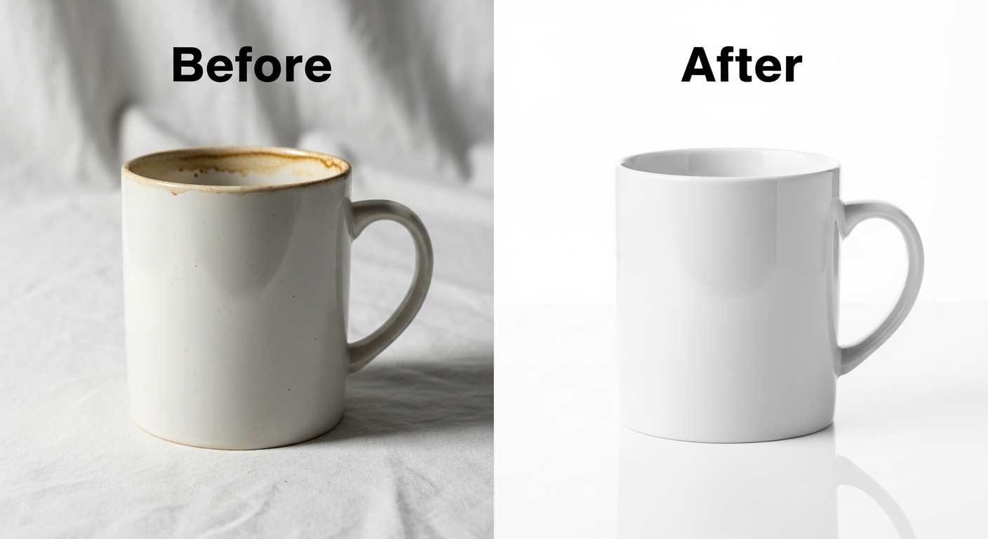 Before and after e-commerce product retouching showing dust removal, color correction, and white background
